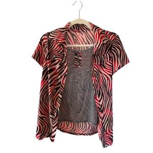 Black Red Funky Retro Zebra Print 2-1 Short Sleeve Layered Over Tank- S/M Unique